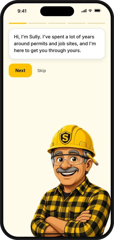 PermitLogic AI welcome screen: Sully, the app's illustrated AI guide, introduces himself with Next and Skip buttons