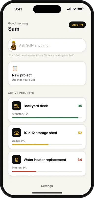 App home screen with an Ask Sully box, a New project button and three example projects: a backyard deck, a storage shed and a water heater replacement