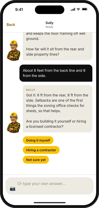 Sully interviewing the user about a deck project one question at a time, with quick-reply buttons
