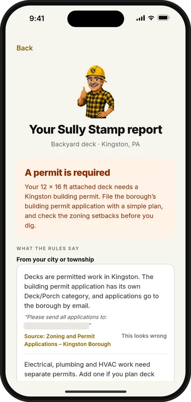 Permit report verdict for an example backyard deck, with rules labeled by source and a This looks wrong link